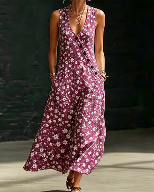Small Floral Asymmetric Button Sleeveless Dress