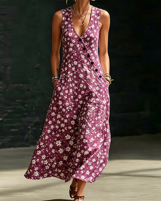 Small Floral Asymmetric Button Sleeveless Dress