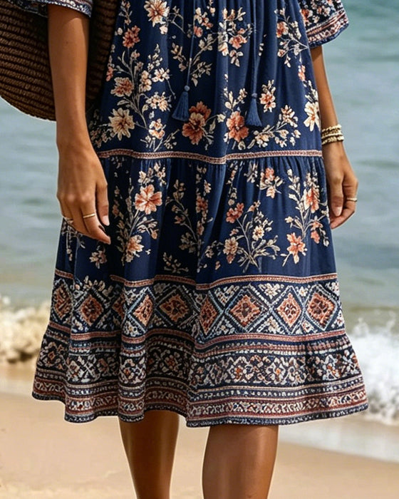 V-Neck Ethnic Floral Patchwork Dress