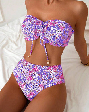 Fresh Floral Print Strapless Bikini