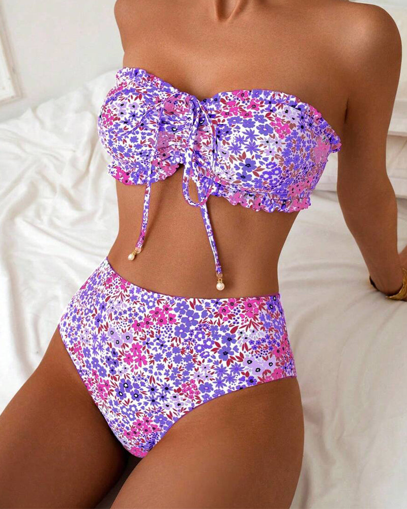Fresh Floral Print Strapless Bikini
