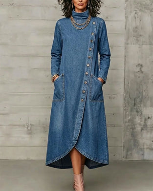 High Collar Button Pocket Dress