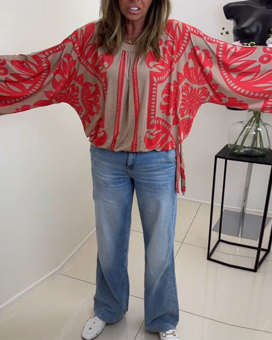 Printed crew neck long sleeve casual top