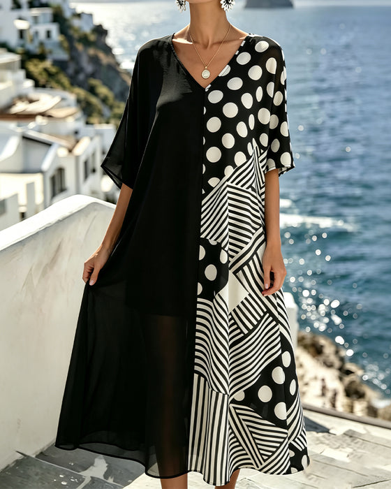 V-Neck Polka Dot Stripe Patchwork Dress