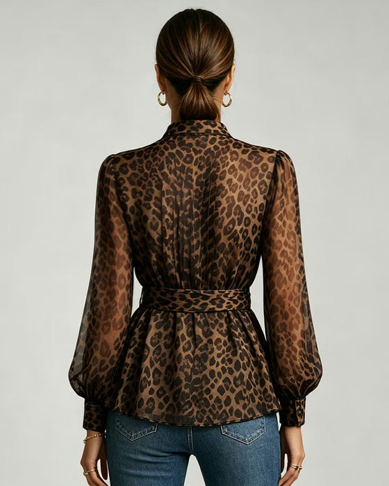 Leopard Print Stand Collar Puff Sleeve Lace Up Blouse
