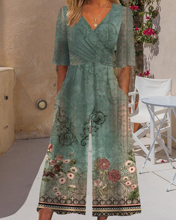 Vintage floral print pocket jumpsuit