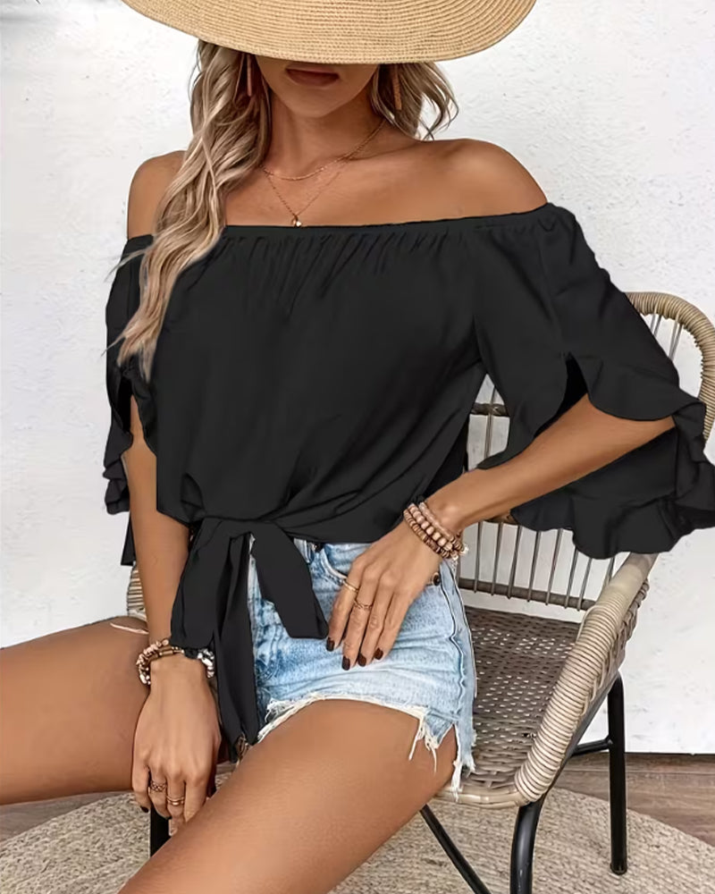 Off-Shoulder Bow Flare Sleeve Blouse