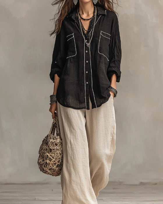 V-Neck Contrast Line Relaxed Shirt