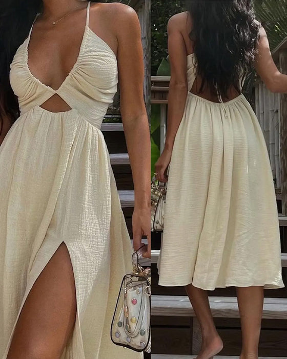Textured Cut-Out Spaghetti Strap Midi Dresses
