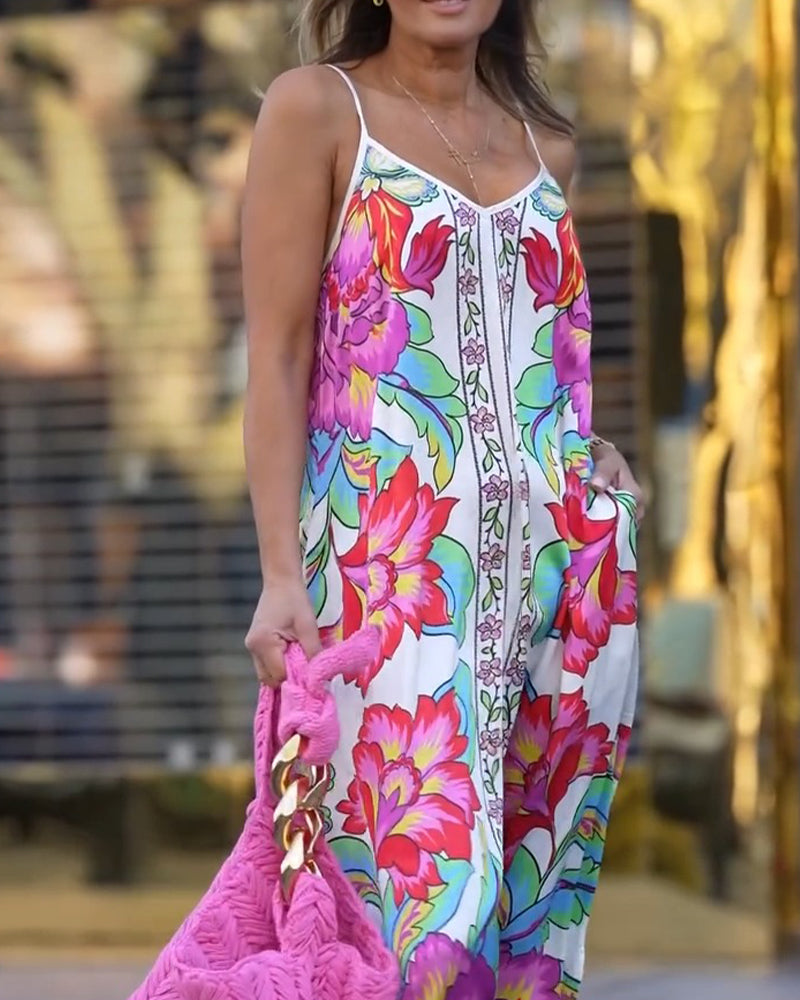 Colorful Floral Print Strappy Long Dress