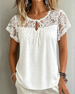 Lace Mesh Cutout Short-Sleeve Blouse