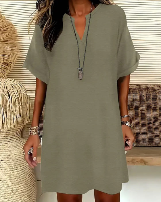 V-Neck Short Sleeve Solid Sheath Dress