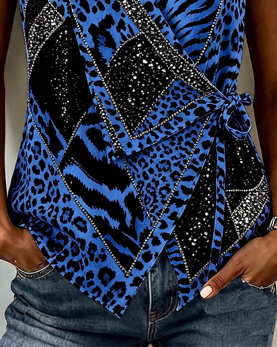 Leopard Print Tie Front Sleeveless Blouse