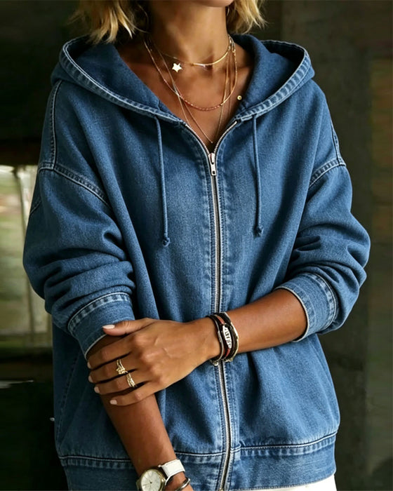 Hooded Dropped Sleeve Zippered Denim Coat
