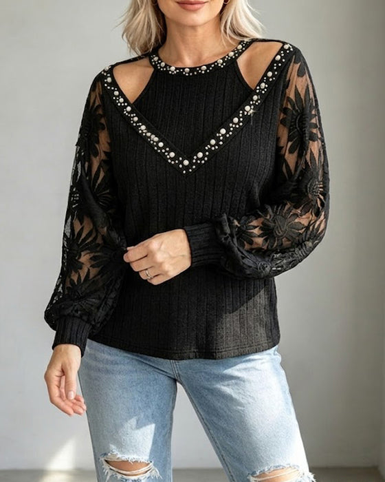 Pearl Hollow Lace Ribbed T-Shirt