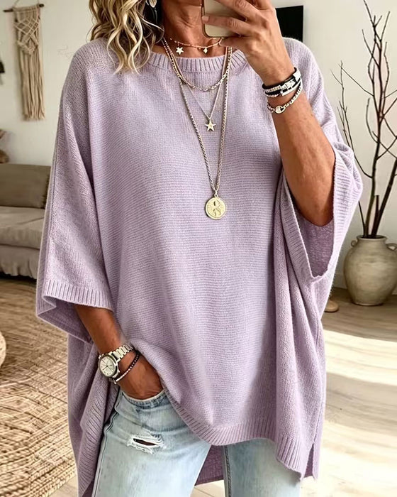 Loose Round Neck Solid Color Pullover