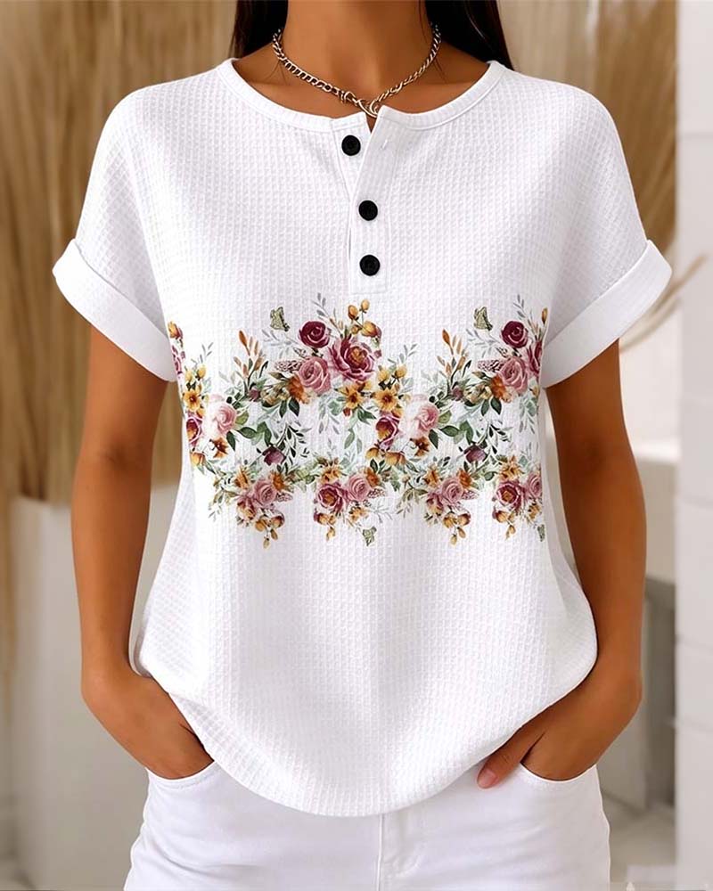 Round Neck Button Waffle T-Shirt