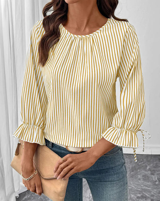 Striped Crew Neck Bubble Sleeve Blouse