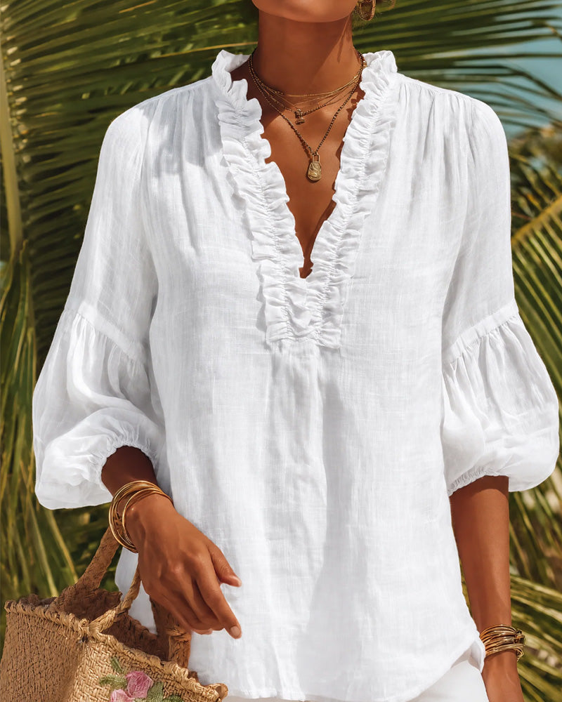 Ruffle Edge Puff Sleeve V-Neck Blouse