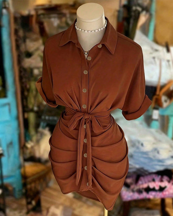 Tie Button Pleated Shirt Collar Dress