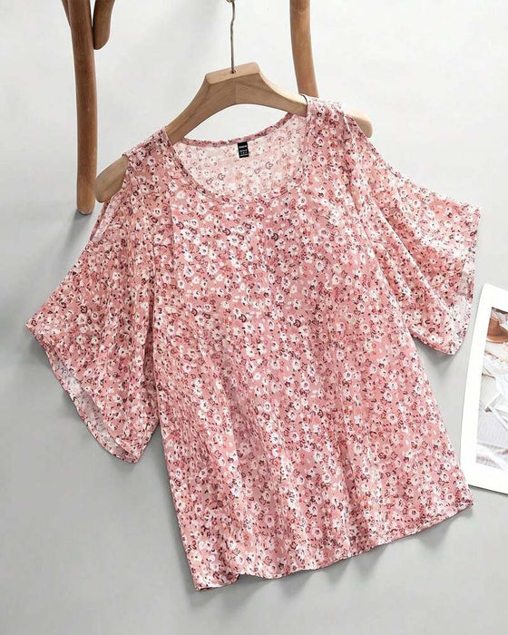 V-Neck Floral Off-Shoulder Flutter Sleeve Blouse
