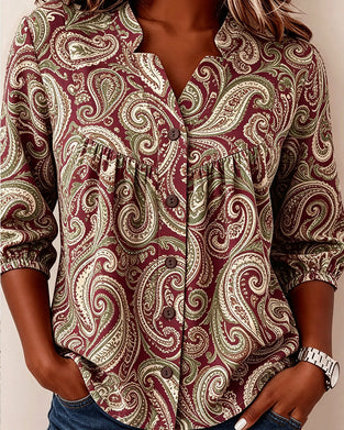 V-Neck Buttoned Shirred Printed Top