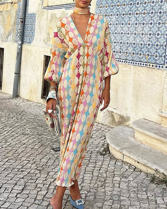 V-neck lantern sleeves geometric print elegant dress