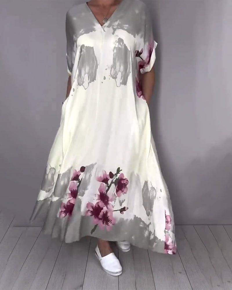 Ink Wash Peach Blossom V-Neck Maxi Dress