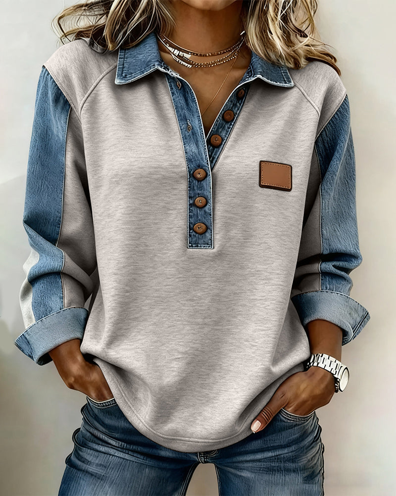Stylish Denim Patchwork Long-Sleeved Sweatshirt