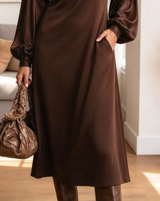 Round Neck Pleated Puff Sleeve Pocket Dress