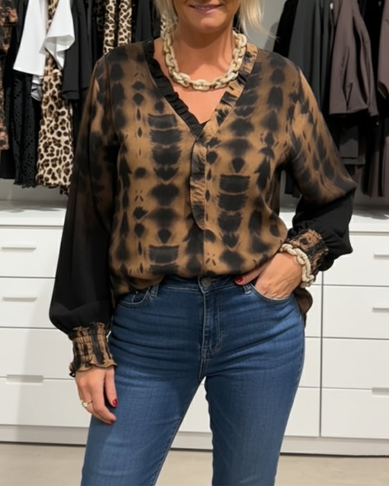 Ruffled V-Neck Tie-Dye Print Blouse