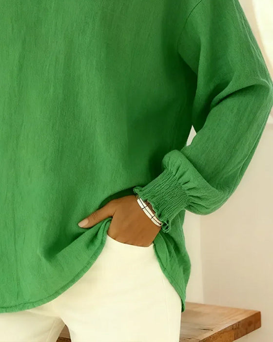 Cotton And Linen Lantern Sleeve Collared Solid Color Blouse