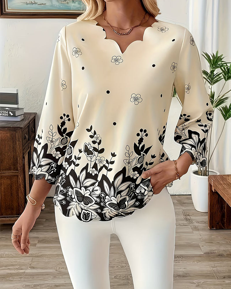V-Neck Three-Quarter Sleeve Irregular Blouse