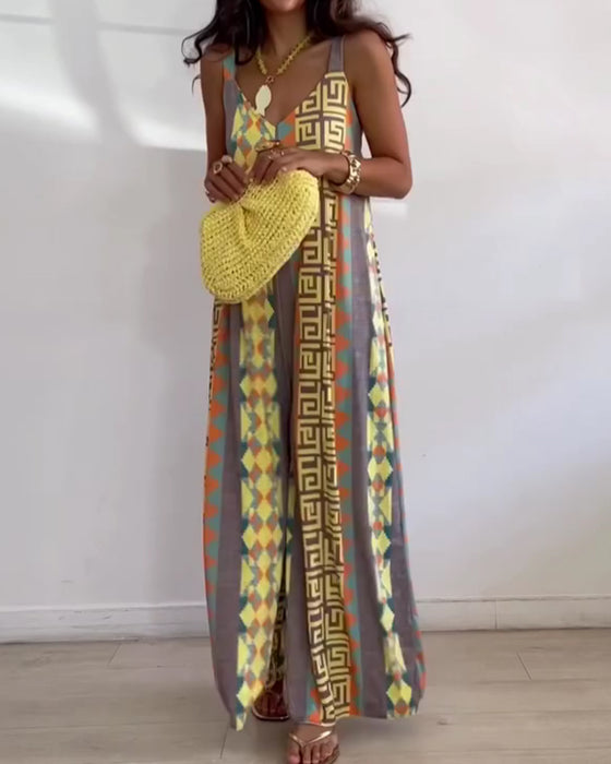 Geometric Print Spaghetti Strap Wide Leg Jumpsuit