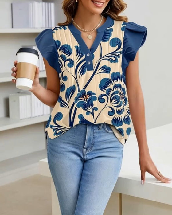 Floral Print Small Flutter Sleeve Blouse