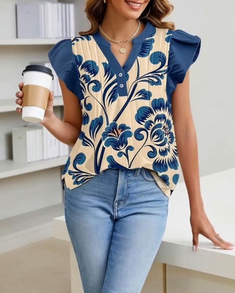Floral Print Small Flutter Sleeve Blouse