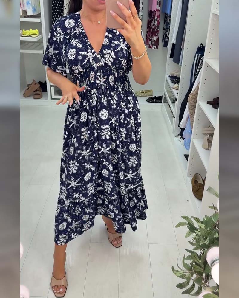 V-Neck Loose Printed Long Dress