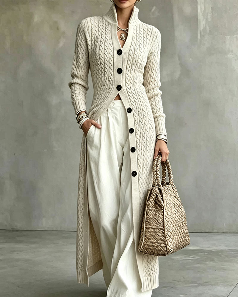 Stand Collar Cable Button Long Cardigan