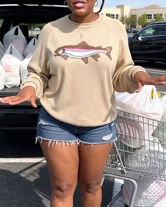 Crew Neck Fish Print Drop Shoulder Pullover