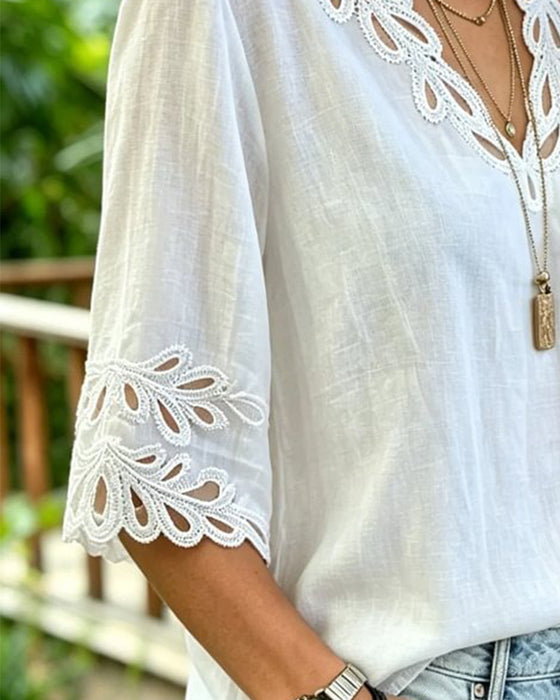 Hollow Out Lace V-Neck Blouse