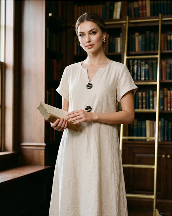 V-Neck Short-Sleeved Button-Up Shift Dress