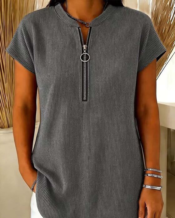 Solid Short Sleeve Zip Blouse