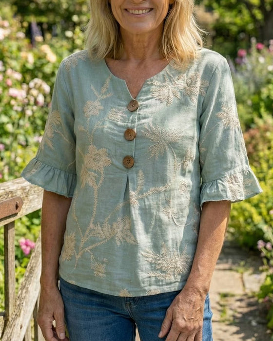 Ruffle Sleeve Three-Button Loose Fit Blouse