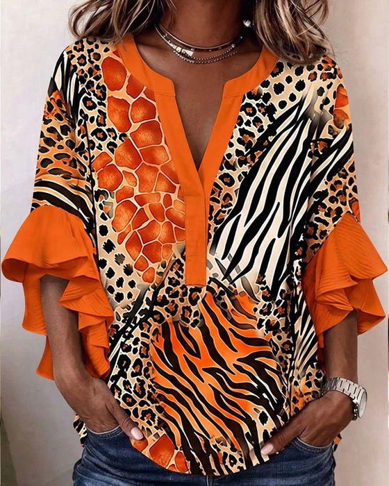 Zebra Leopard Print Ruffle Sleeve Blouse