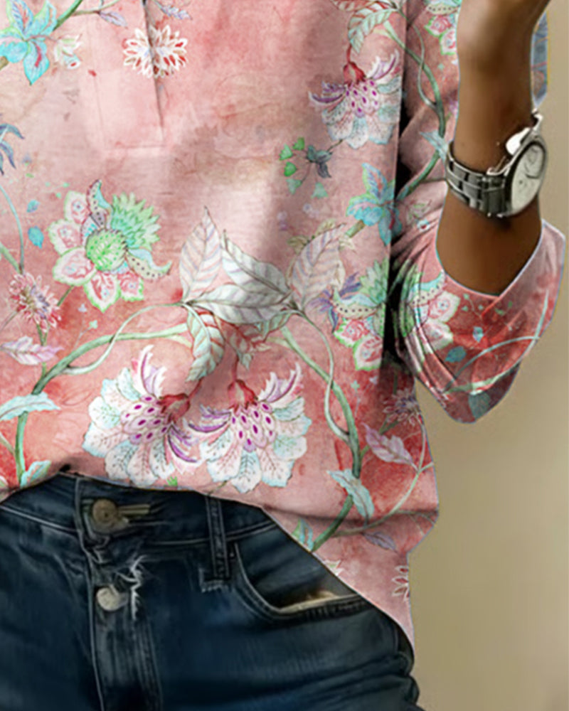 Stand-Up Collar Long-Sleeved Floral Blouse
