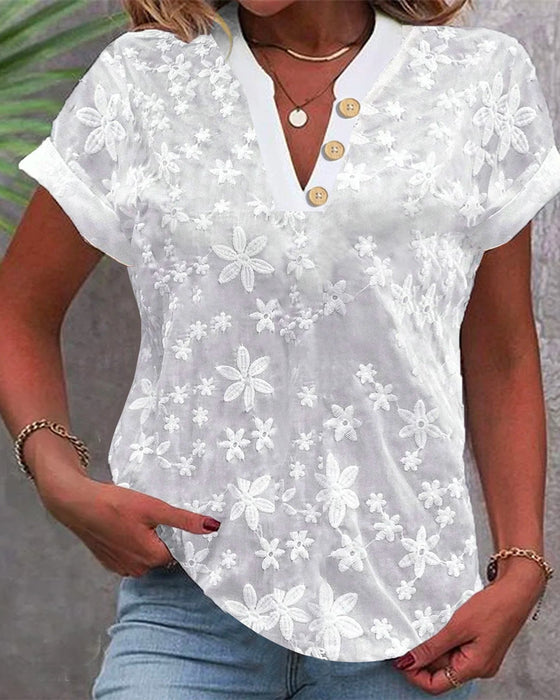 Simple Casual Solid Color V-Neck Short-Sleeved Blouse