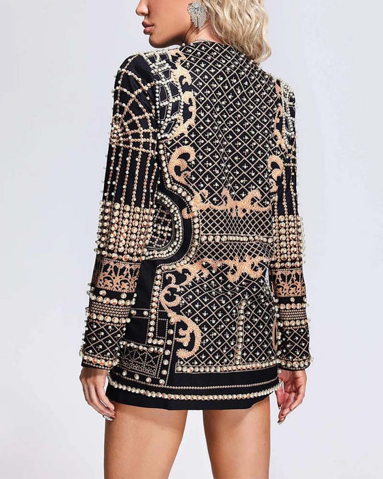 Printed beaded long-sleeved dress