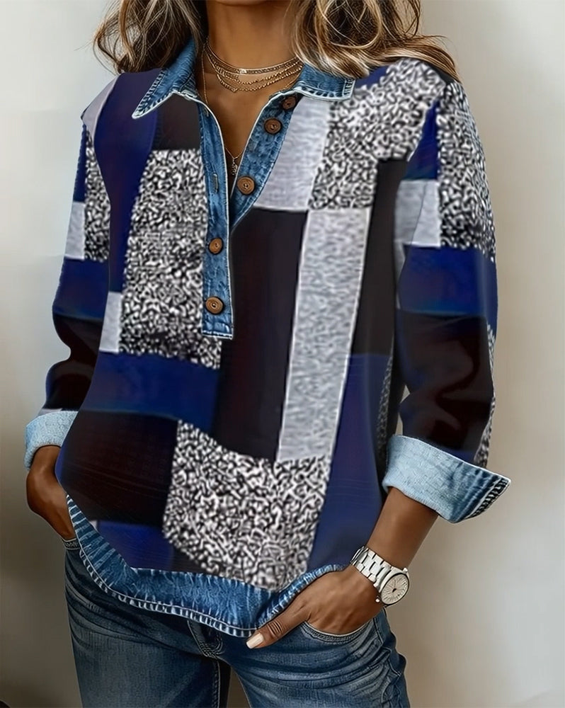 Denim Patchwork Print Casual Sweatshirt