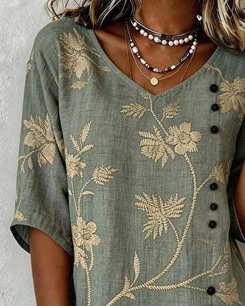 Floral V-Neck Casual Blouse