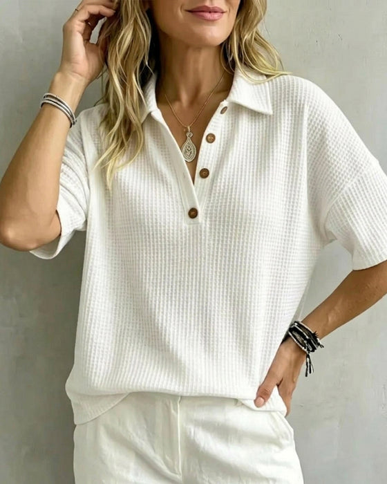 Button Front V-Neck Waffle T-Shirt